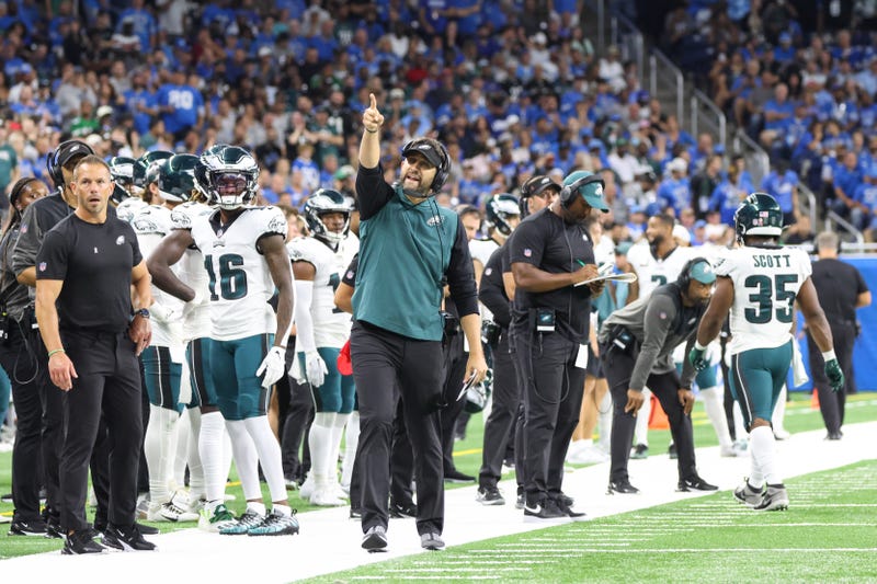 Philadelphia Eagles head coach Nick Sirianni points to the video board during the second quarter of a regular season NFL football game between the Philadelphia Eagles and the Detroit Lions on Sept. 11, 2022, at Ford Field in Detroit, Michigan.
