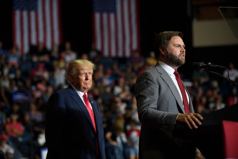 Republican Senate candidate JD Vance and former President Donald Trump speak at a Save America Rally to support Republican candidates running for state and federal offices in the state at the Covelli Centre during on September 17, 2022 in Youngstown, Ohio. 