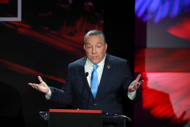 Los Angeles Sheriff Alex Villanueva speaks during the Los Angeles County Sheriff debate ahead of the Nov. 8 general election at the Skirball Cultural Center in Los Angeles.