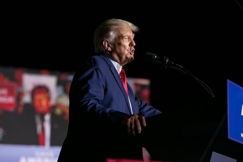 WILMINGTON, NC - SEPTEMBER 23: Former President Donald Trump speaks at a Save America Rally at the Aero Center Wilmington on September 23, 2022 in Wilmington, North Carolina. The "Save America" rally was a continuation of Donald Trump's effort to advance the Republican agenda by energizing voters and highlighting candidates and causes.
