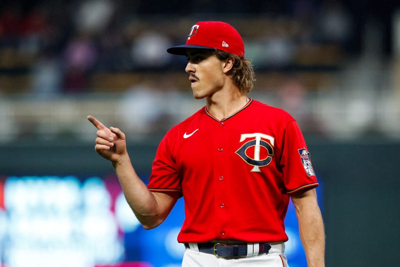 Joe Ryan #41 of the Minnesota Twins celebrates an out against the Los Angeles Angels in the second inning of the game at Target Field on September 24, 2022 in Minneapolis, Minnesota. 