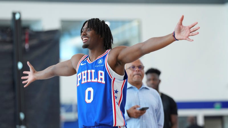 Tyrese Maxey of the Philadelphia 76ers reacts during media day at the 76ers Training Complex on September 26, 2022 in Camden, New Jersey.