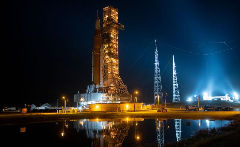 In this handout image provided by NASA, NASAs Space Launch System (SLS) rocket with the Orion spacecraft aboard is seen atop the mobile launcher as it is rolled back to the Vehicle Assembly Building from Launch Pad 39B at NASAs Kennedy Space Center on September 27, 2022 in Cape Canaveral, Florida. NASA made the decision to rollback based on the latest weather predictions associated with Hurricane Ian. NASAs Artemis I mission is the first integrated test of the agencys deep space exploration systems: the Orion spacecraft, SLS rocket, and supporting ground systems. (Photo by Joel Kowsky/NASA via Getty Images)