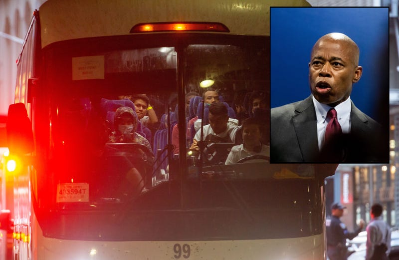 A migrant bus arrives at the Port Authority bus terminal in Manhattan on Sept. 27, 2022. Inset: Mayor Eric Adams speaks in New York City