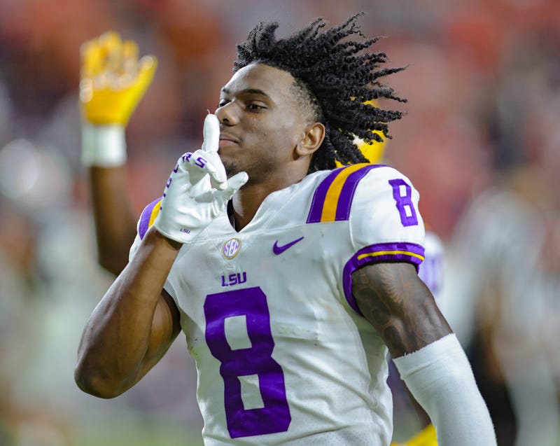 Malik Nabers #8 of the LSU Tigers reacts after an LSU victory at Jordan-Hare Stadium on October 1, 2022 in Auburn, Alabama.