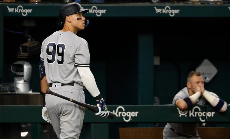 Aaron Judge #99 of the New York Yankees looks on after striking out against the Texas Rangers during the eighth inning at Globe Life Field on Oct. 3, 2022, in Arlington, Texas. The Yankees won 3-1.