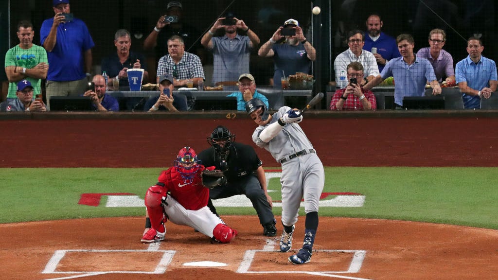 Rangers hurler Jesus Tinoco gives up the historic home run to the Yankees Aaron Judge