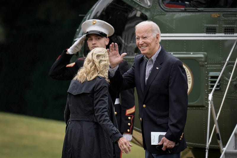 WASHINGTON, DC - OCTOBER 5: U.S. President Joe Biden waves to guests as he and first lady Jill Biden board Marine One on the South Lawn of the White House October 5, 2022 in Washington, DC. President Biden will visit Florida on Wednesday to survey the damage caused by Hurricane Ian.