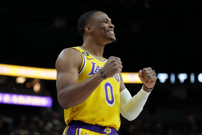 Russell Westbrook #0 of the Los Angeles Lakers smiles before a preseason game on October 5, 2022, at T-Mobile Arena in Las Vegas.