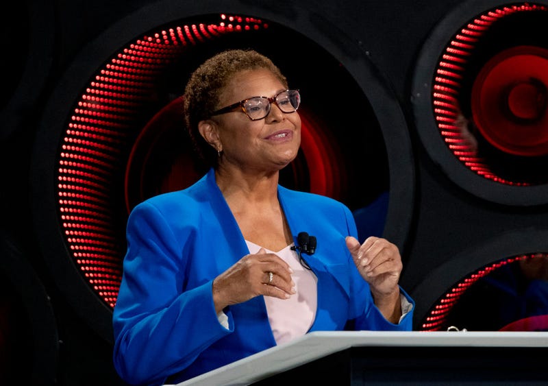 Los Angeles Mayoral candidates Congresswoman Karen Bass speaks as developer Rick Caruso, not pictured, listens, as they participate in the second one-on-one mayoral debate at the KNX Newsradio SoundSpace Stage in Los Angeles, Thursday, Oct. 6, 2022.