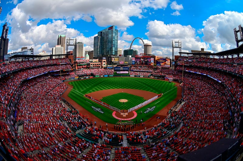 aerial image of busch stadium with the st. louis skyline in the background
