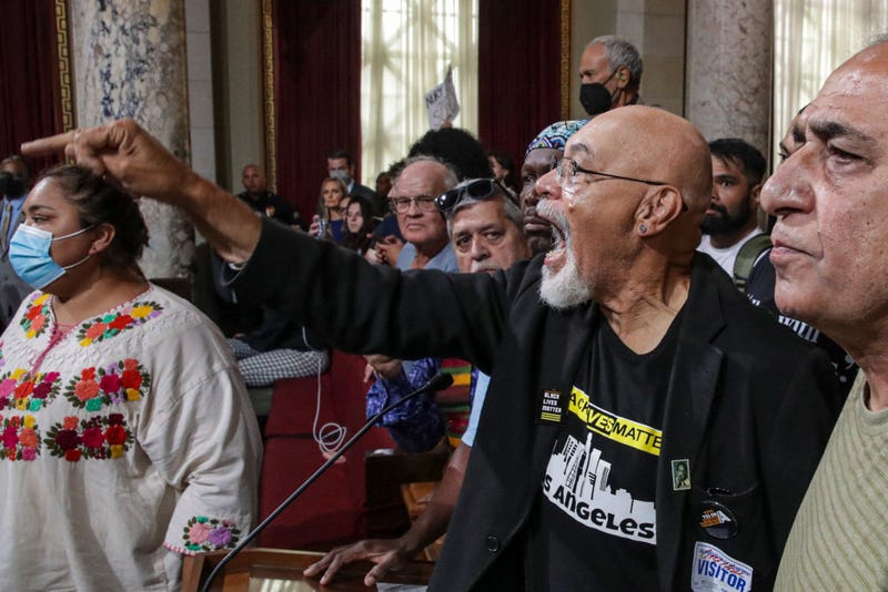 Earl Ofari Hutchinson joins public demanding resignations of Los Angeles City Council president, Nury Martinez, council members Gil Cedillo and Kevin de León at council meeting on Tuesday, Oct. 11, 2022, in Los Angeles.
