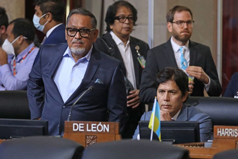 Councilmember District 1 - Gil Cedillo, left, and Councilmember District 14 - Kevin de León, sitting right, at the Los Angeles City Council meeting at Los Angeles City Hall on Tuesday, Oct. 11, 2022, in Los Angeles.