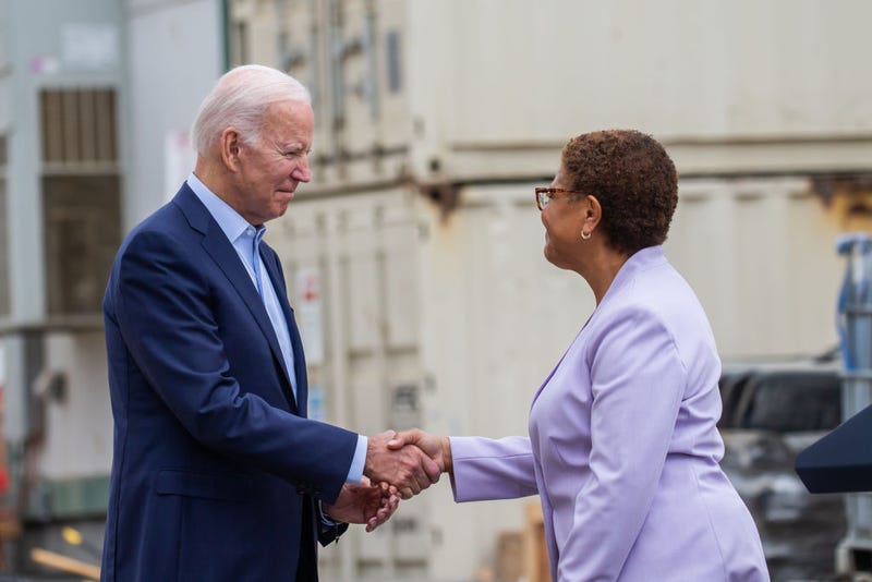 US President Joe Biden and the US Representative Karen Bass at the Metro D Line (Purple) Extension Transit Project - Section 3 on October 13, 2022 in Los Angeles, California.