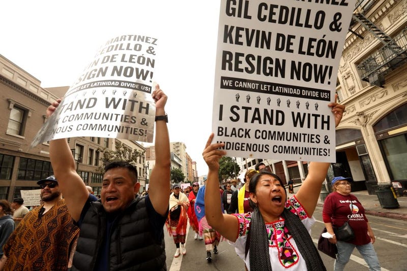 Hundreds of members of the Oaxacan community, along with prominent leaders from indigenous communities across California, participate in a March for Justice through the streets of downtown Los Angeles towards City Hall on October 15, 2022.