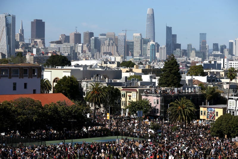 Protesters pack into Dolores Park during a demonstration to honor of George Floyd on June 03, 2020 in San Francisco, California.