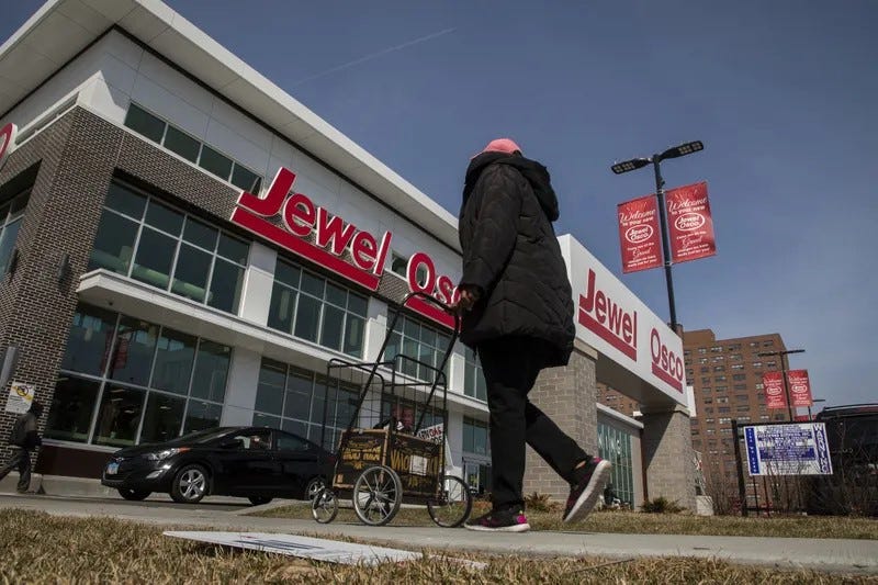 A Jewel-Osco store is seen at the intersection of 61st Street and South Cottage Grove Avenue in Chicago on March 27, 2019.