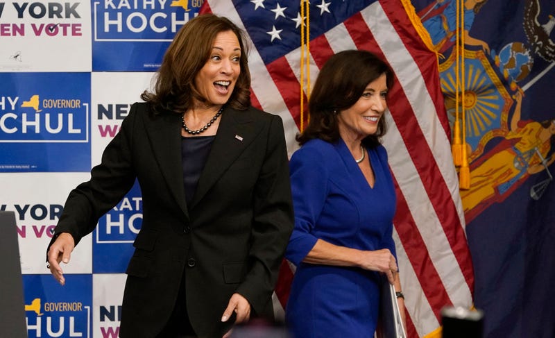 Vice President Kamala Harris and Gov. Kathy Hochul stand on stage during a "Get Out the Vote" rally at Manhattan's Barnard College in New York City on Nov. 3, 2022