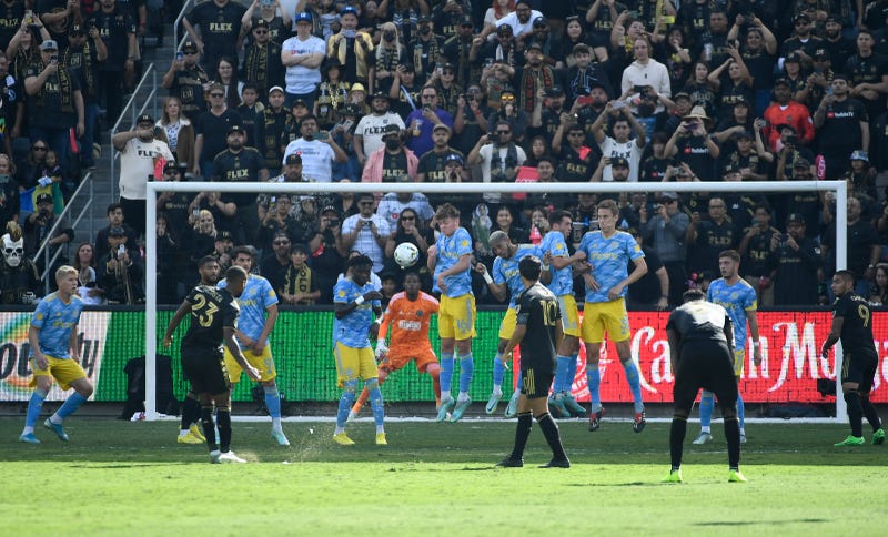Mikael Uhre of Philadelphia Union takes a shot against goalkeeper Maxime Crépeau of LAFC during the first half of the 2022 MLS Cup Final at Banc of California Stadium on November 5, 2022 in Los Angeles, California.