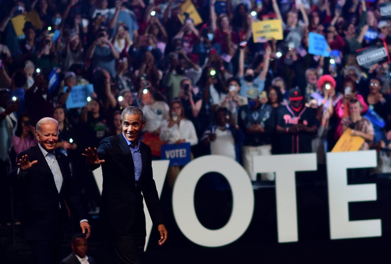 Former U.S. President Barack Obama and President Joe Biden wave to supporters during a rally for Pennsylvania Democratic Senate nominee John Fetterman and Democratic gubernatorial nominee Josh Shapiro at the Liacouras Center on November 5, 2022 in Philadelphia, Pennsylvania. Fetterman will face Republican nominee Dr. Mehmet Oz as Shapiro faces Republican Doug Mastriano on November 8 in the midterm general election.