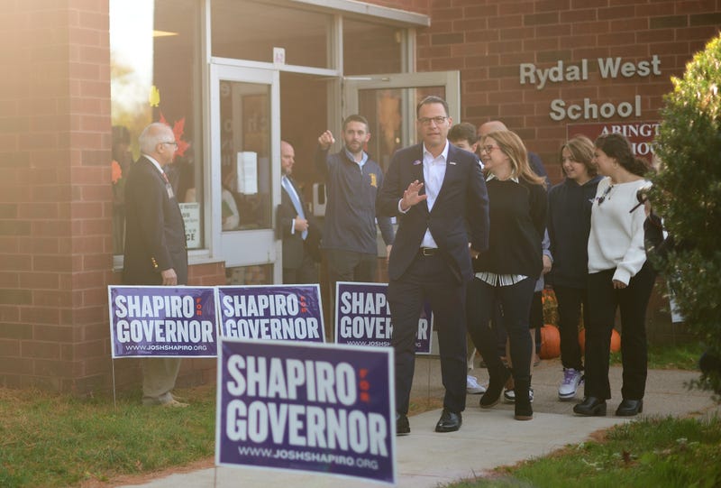 Democratic gubernatorial candidate Josh Shapiro departs after voting at the Rydal Elementary School West polling location on Nov. 8, 2022, in Rydal, Pennsylvania. Shapiro faces Republican gubernatorial candidate Doug Mastriano in the midterm general election.