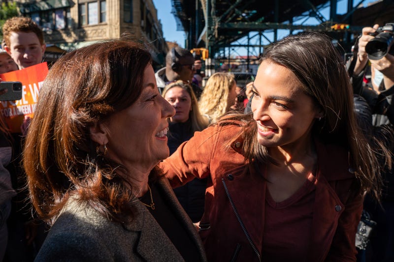 Gov. Kathy Hochul (D-NY) campaigns with Representative Alexandria Ocasio-Cortez (D-NY) on November 8, 2022 in New York City. Hochul holds a slim lead in the polls against Republican candidate Rep. Lee Zeldin.