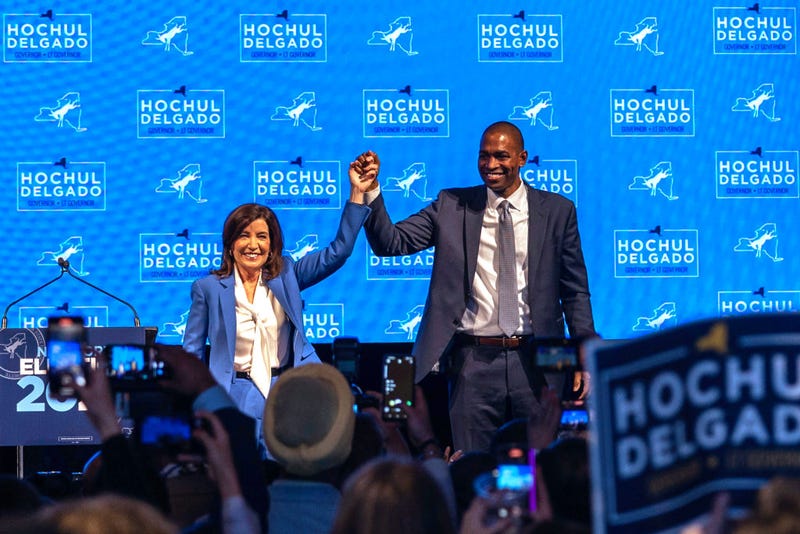 New York Gov. Kathy Hochul and Lt. Gov. Antonio Delgado celebrate their win during an election night party during on Nov. 8, 2022, in New York City.