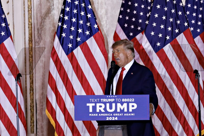 Former US President Donald Trump speaks at the Mar-a-Lago Club in Palm Beach, Florida, US, on Tuesday, Nov. 15, 2022. Trump formally entered the 2024 US presidential race, making official what he's been teasing for months just as many Republicans are preparing to move away from their longtime standard bearer. 