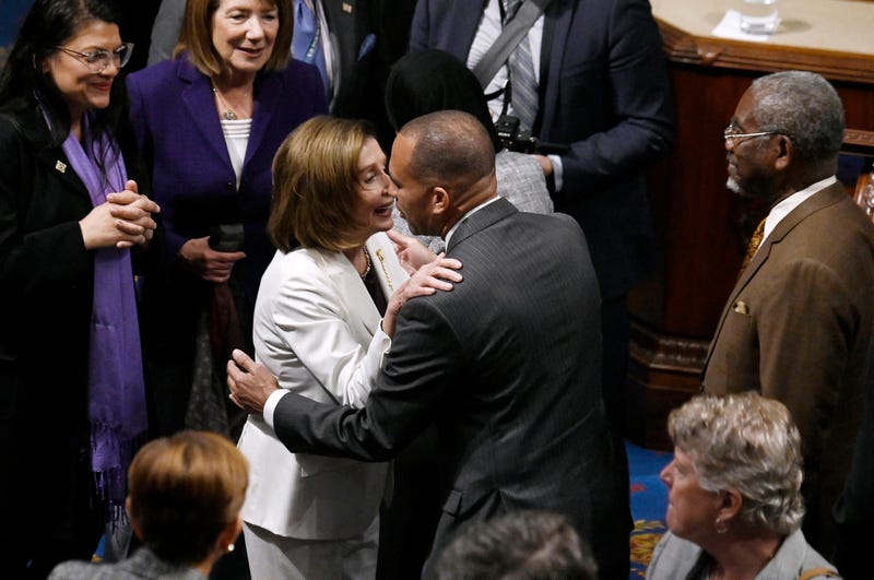 Outgoing House Speaker Nancy Pelosi, of California, greets Rep. Hakeem Jeffries, of New York, after speaking in the House Chamber at the U.S. Capitol in Washington, DC, on Nov. 17, 2022