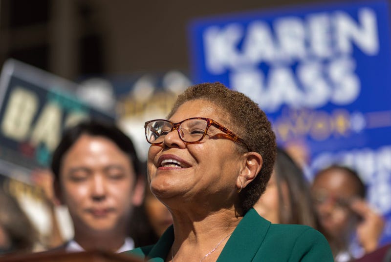 Los Angeles Mayor-elect Karen Bass addresses a news conference after her L.A. mayoral election win on November 17, 2022 in Los Angeles, California.