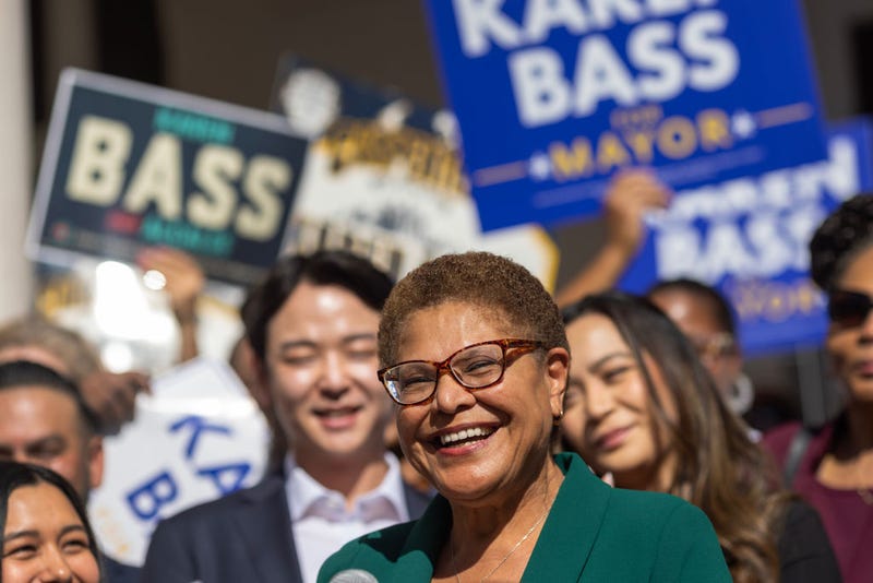 Los Angeles Mayor-elect Karen Bass addresses a news conference after her L.A. mayoral election win on November 17, 2022 in Los Angeles, California.