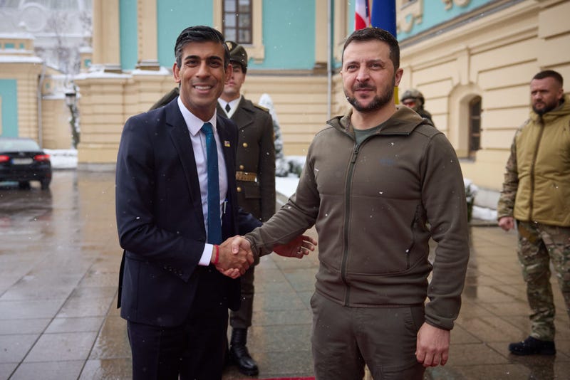 In this handout image issued by Ukrainian Presidency, British Prime Minister Rishi Sunak and Ukrainian President Volodymyr Zelenskyy meet in Ukraine's capital Kyiv on November 19, 2022. 