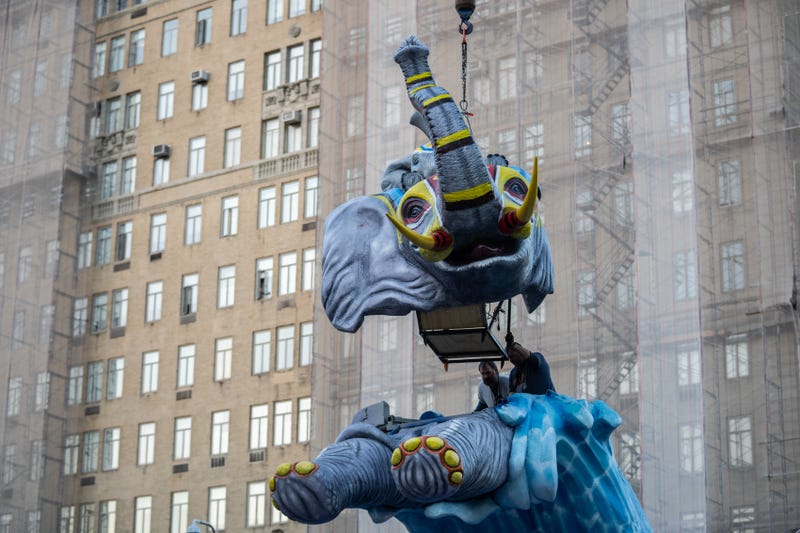 Workers assemble the Kalahari Resorts and Conventions float ahead of the Macy's Thanksgiving Day Parade