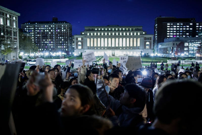 People gather at Columbia University during a protest in support of demonstrations held in China calling for an end to COVID-19 lockdowns on Nov. 28, 2022
