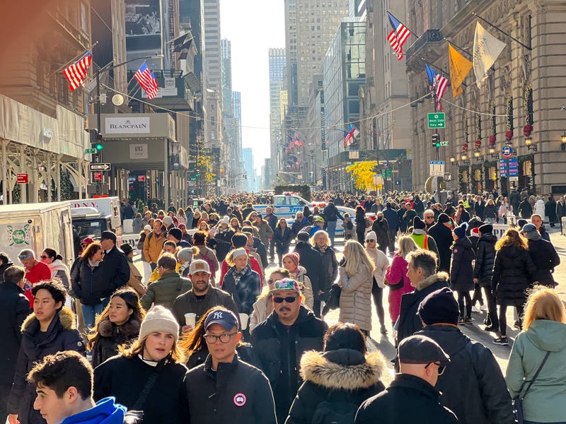 Crowds gather on Fifth Avenue in Manhattan on Dec. 4, 2022, as the avenue goes car-free for the holidays