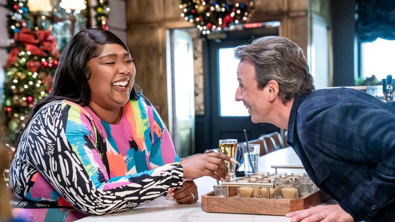 Lizzo and host Seth Meyers during "Day Drinking with Lizzo"