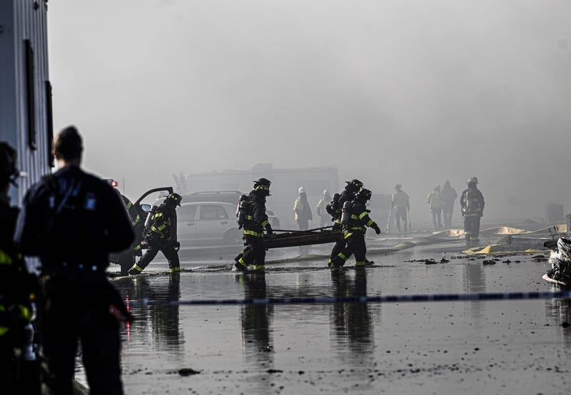 A view of the site as a massive fire broke out at an NYPD impound and evidence storage warehouse in Brooklyn on December 13, 2022 in Brooklyn.
