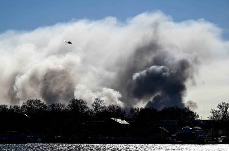 A view of the site as a massive fire broke out at an NYPD impound and evidence storage warehouse in Brooklyn on December 13, 2022 in Brooklyn
