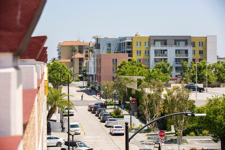 Elevated view of the downtown area of Downey, California.