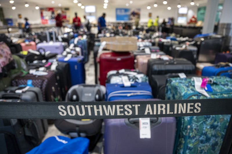Unclaimed baggage at the Southwest Airlines baggage claim area at Oakland International Airport in Oakland, California on Dec. 27, 2022.