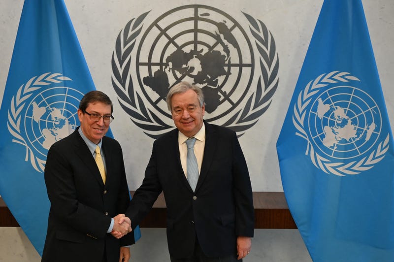 United Nations Secretary-General Antonio Guterres (R) meets with Cuba's Foreign Minister Bruno Eduardo Rodríguez Parrilla at UN headquarters in New York on January 13, 2023