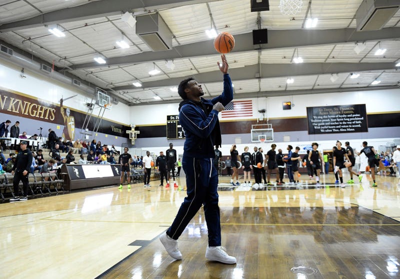 Bronny James #0 of Sierra Canyon High School, son of LeBron James of the NBA Los Angeles Lakers, warms up before the game against St. Francis High School on January 18, 2023 in La Canada-Flintridge, California.