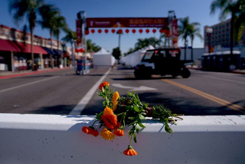 Flowers are placed near the scene of a deadly mass shooting on January 22, 2023 in Monterey Park, California. 