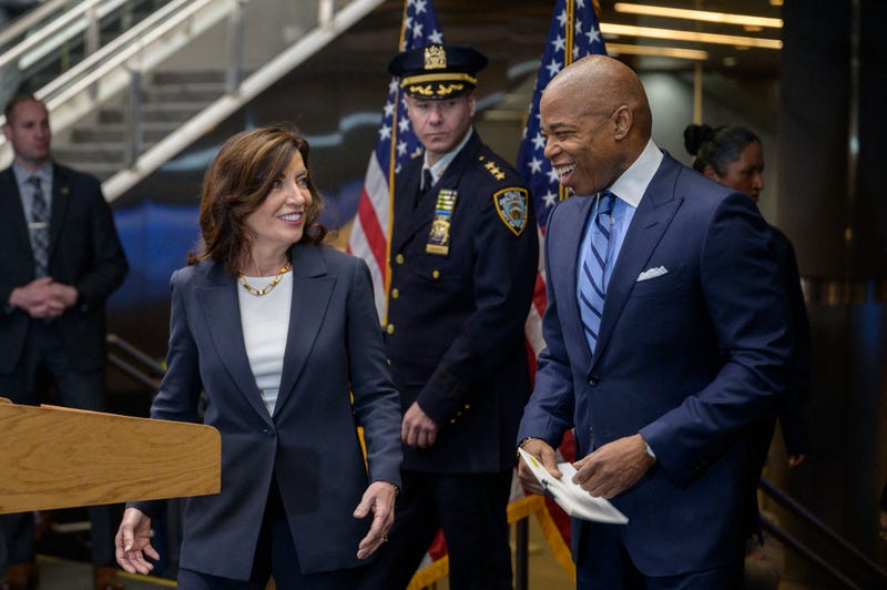 Gov. Kathy Hochul and Mayor Eric Adams at a press conference on subway safety at the Fulton Transit Center on Jan 27, 2023, in Lower Manhattan