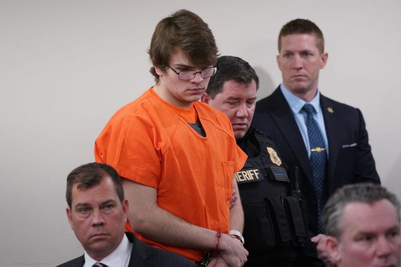 Payton Gendron (C) is escorted back into the courtroom by deputies after a disruption during sentencing in Buffalo, New York State, the United States, on Feb. 15, 2023.