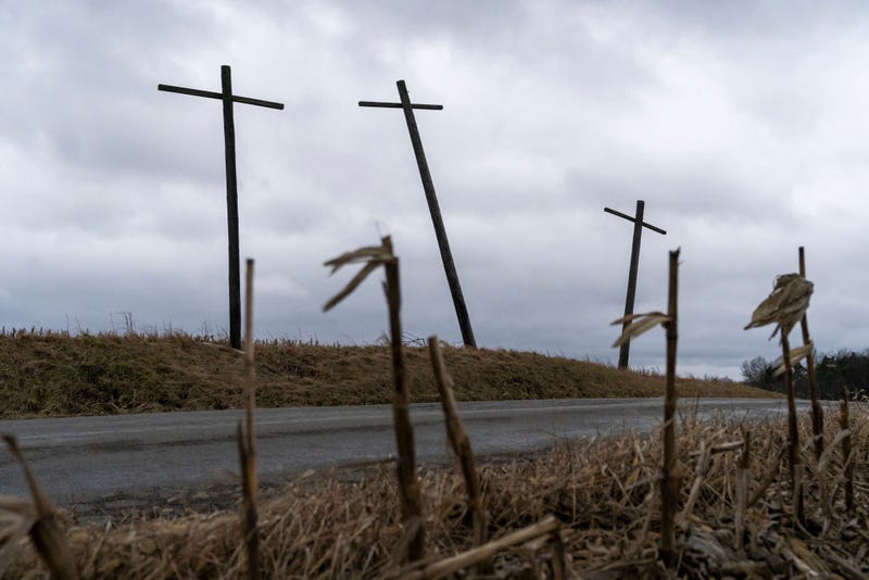 Three crosses stand on a hillside overlooking a farm on the state line of Ohio and Pennsylvania following a train derailment prompting health concerns on February 17, 2023 in East Palestine, Ohio. On February 3rd, a Norfolk Southern Railways train carrying toxic chemicals derailed causing an environmental disaster. Thousands of residents were ordered to evacuate. (Photo by Michael Swensen/Getty Images)