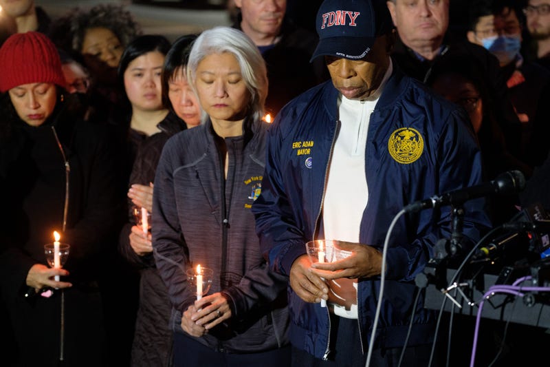 Mayor Eric Adams attends a vigil for victims of last week's U-Haul truck rampage on Bay Ridge Parkway and Fifth Avenue in Bay Ridge, Brooklyn, New York City on Monday, Feb.20, 2023.