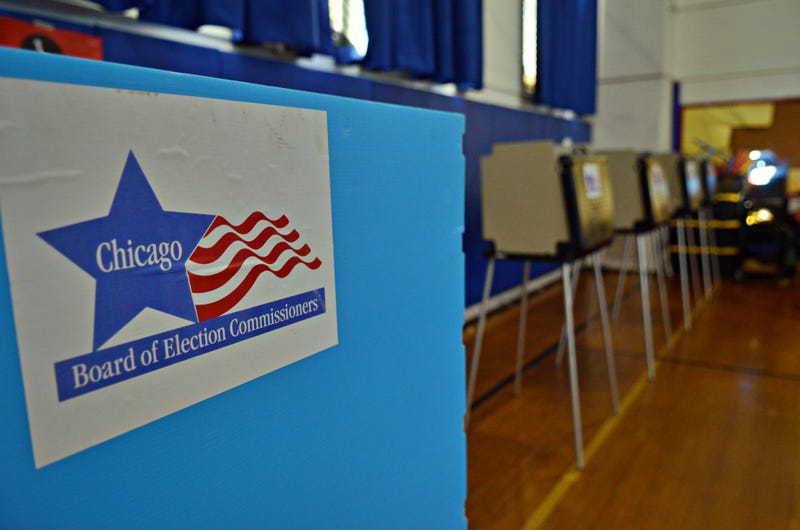 An election sign is seen as people cast their votes at a polling station during the election of mayor of Chicago and city council members in Chicago, United States on February 28, 2023.
