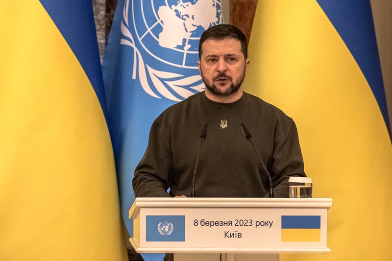 Ukrainian President Volodymyr Zelenskyy delivers a speech during the joint press conference with Secretary-General of the United Nations Antonio Guterres following their meeting on March 8, 2023 in Kyiv