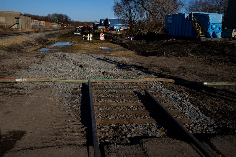 Ohio EPA and EPA contractors collect soil and air samples from the derailment site on March 9, 2023 in East Palestine, Ohio.